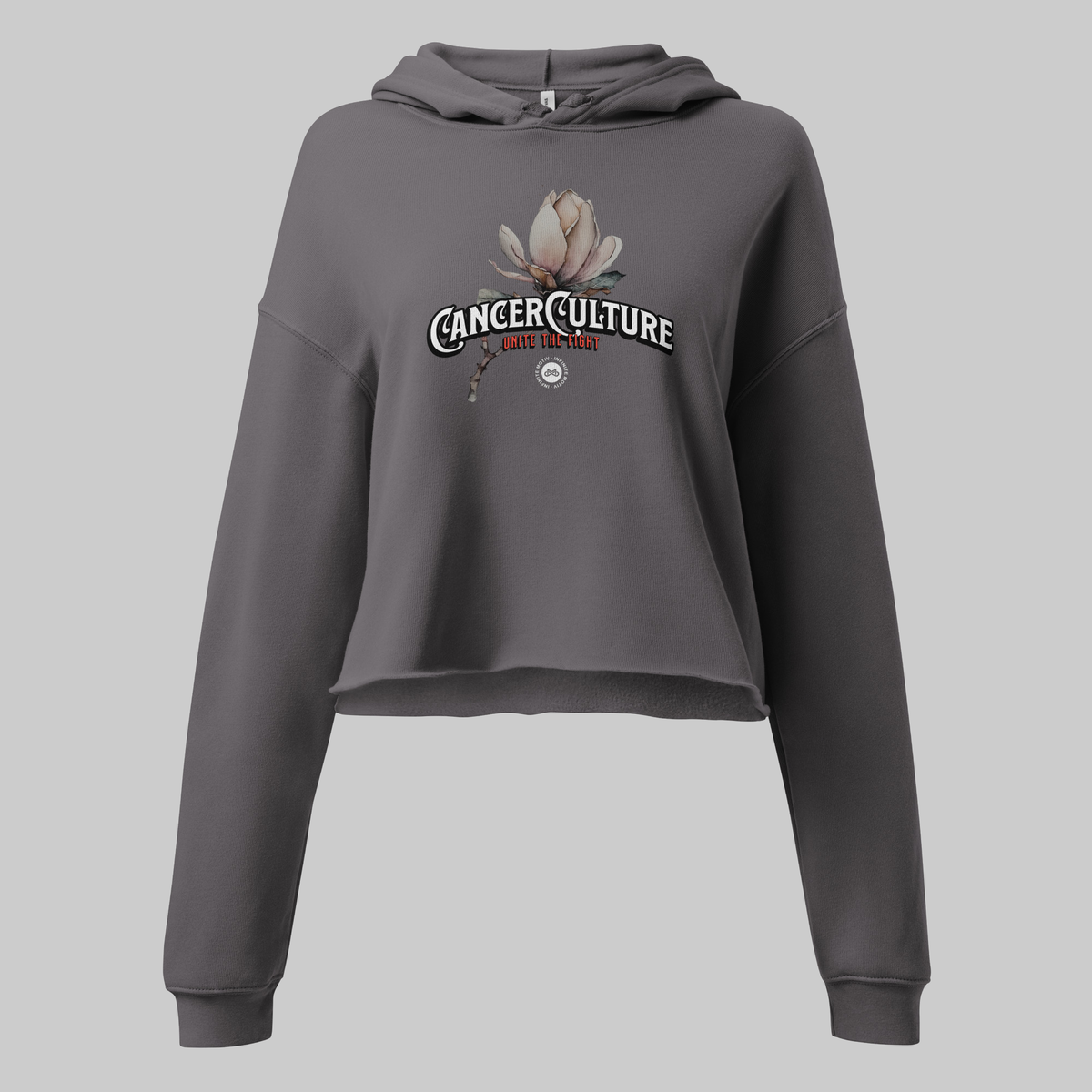 CancerCulture® Bloom Women's Crop Hoodie, Storm, front, CancerCulture magnolia, Unite the Fight print, flat product photo, studio gray background