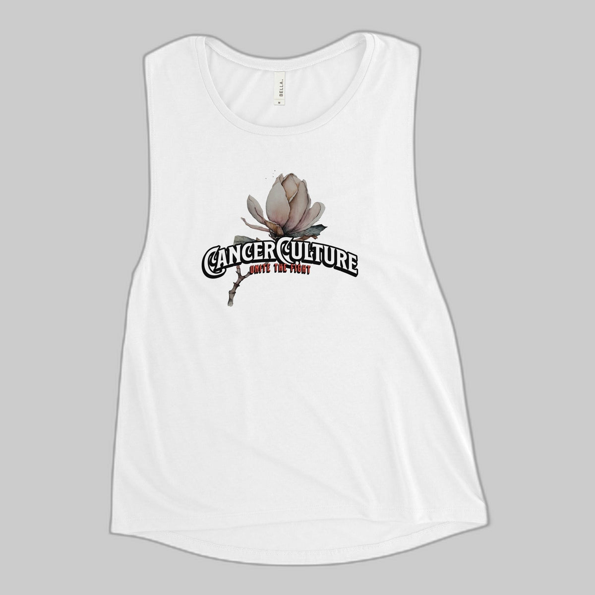 CancerCulture® Bloom Ladies' Muscle Tank, White, front – magnolia bloom CancerCulture print, flat on hanger, gray background