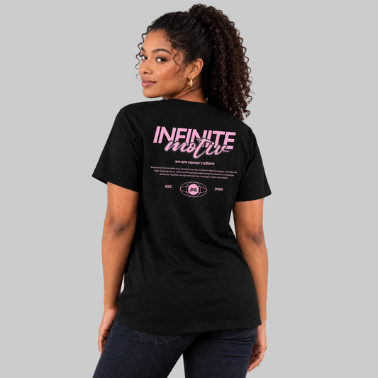 Breast cancer Script Motiv tee, back view on woman, black