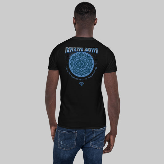 Colon Cancer Mandala Embroidered Unisex T-Shirt, black, back view on man model, INFINITE motiv