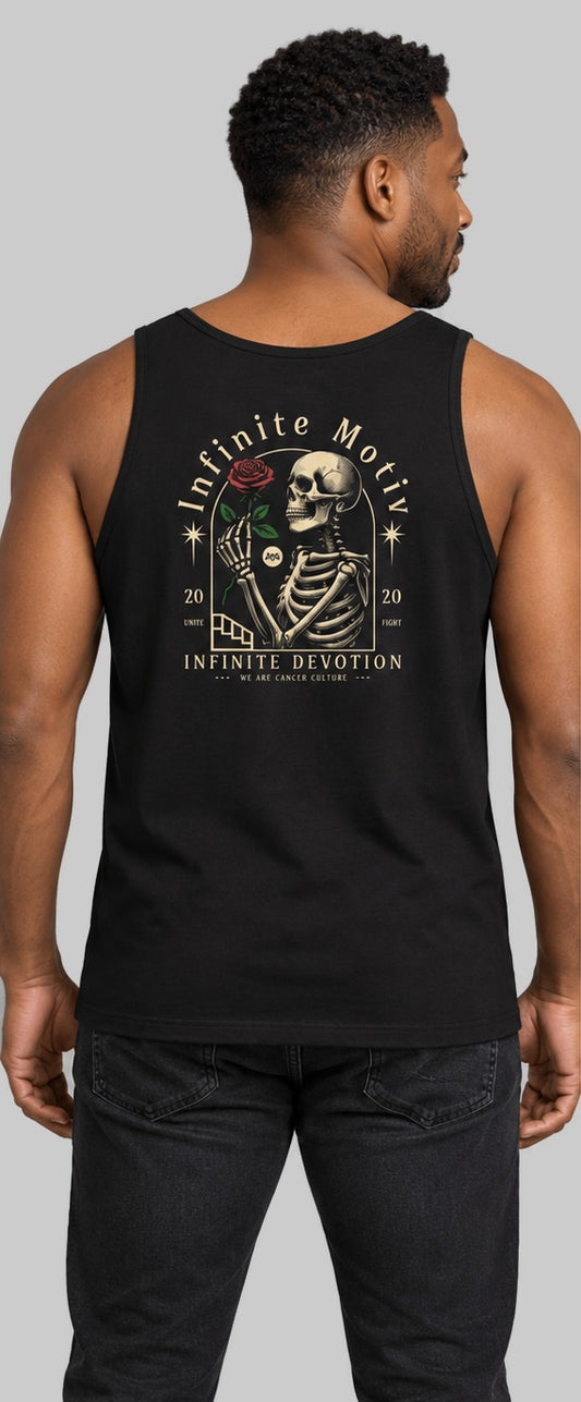 Infinite Devotion tank top, black, back view on model