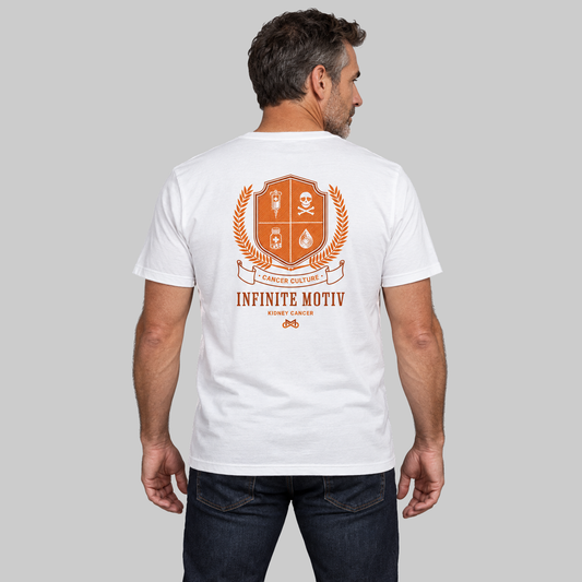 Kidney Cancer Crest tee, back view on a model