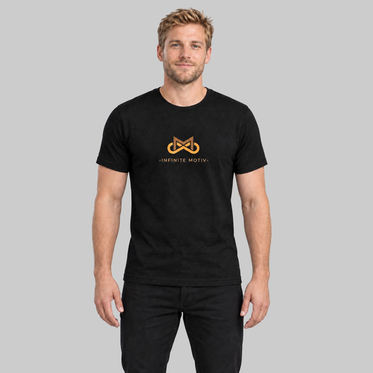 Men's Leukemia Tri-Blend Tee with orange Infinite Motiv logo, worn by a model