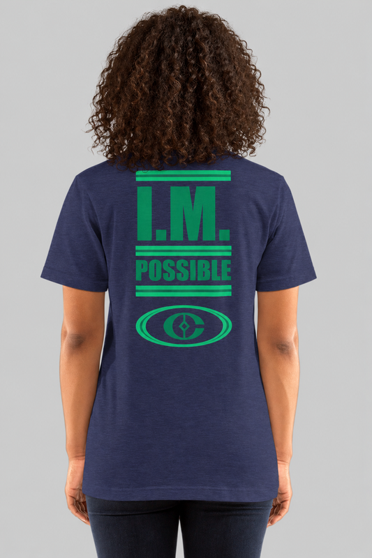 Liver cancer I.M. Possible tee in Heather Navy, back view, emerald green design