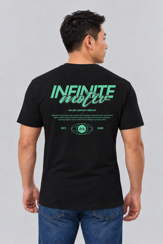 Liver Cancer Script Motiv black tee, back view, INFINITE motiv we are cancer culture design