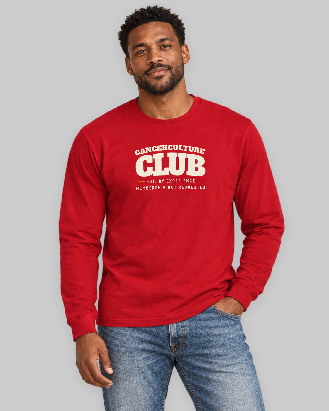 CancerCulture® Club long sleeve, white text front print, Red, front view – cancer survivor gift