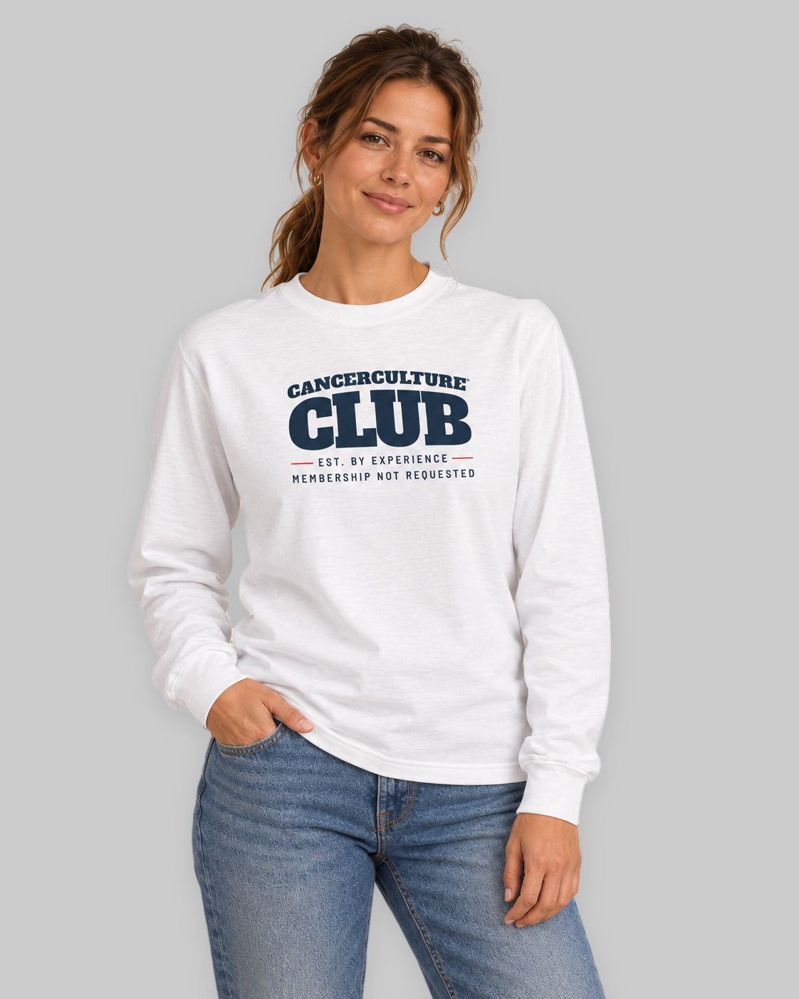 CancerCulture® Club long sleeve, black text front print, White, front view – cancer survivor gift