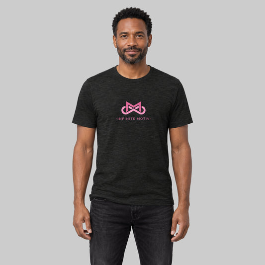 Men's Breast Cancer Tri-Blend Tee in charcoal-black triblend, front view on model | Infinite Motiv®