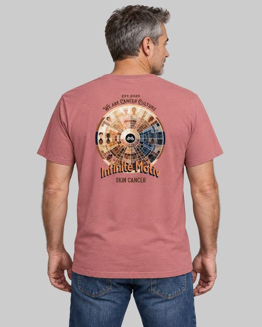 Men's Skin Cancer Wheel t-shirt, mauve, back view on model