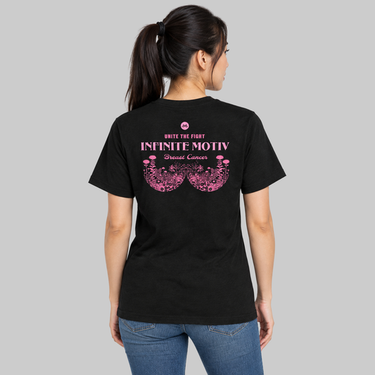 Floral Breast Cancer Unisex T-Shirt, Black, back, Unite the Fight, Infinite Motiv, Breast Cancer floral print, worn by woman, studio gray background