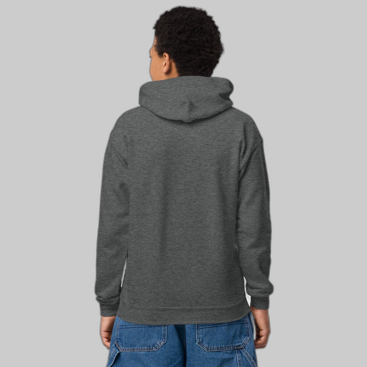Powered by Courage youth pullover hoodie in Dark Heather, back view (plain back, print is on the front). Childhood cancer gold ribbon kids apparel from CancerCulture®