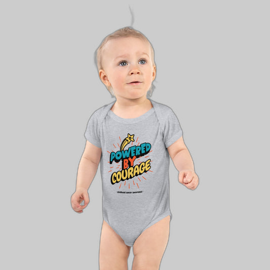 Powered by Courage baby bodysuit in Heather, front view, gold shooting-star graphic. Childhood cancer gold ribbon kids apparel from CancerCulture®