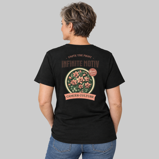 Uterine Cancer Flower Embroidered Unisex T-Shirt, Black, back, Unite the Fight, Infinite Motiv, Uterine Cancer, CancerCulture daffodil badge print, worn by woman, studio gray background