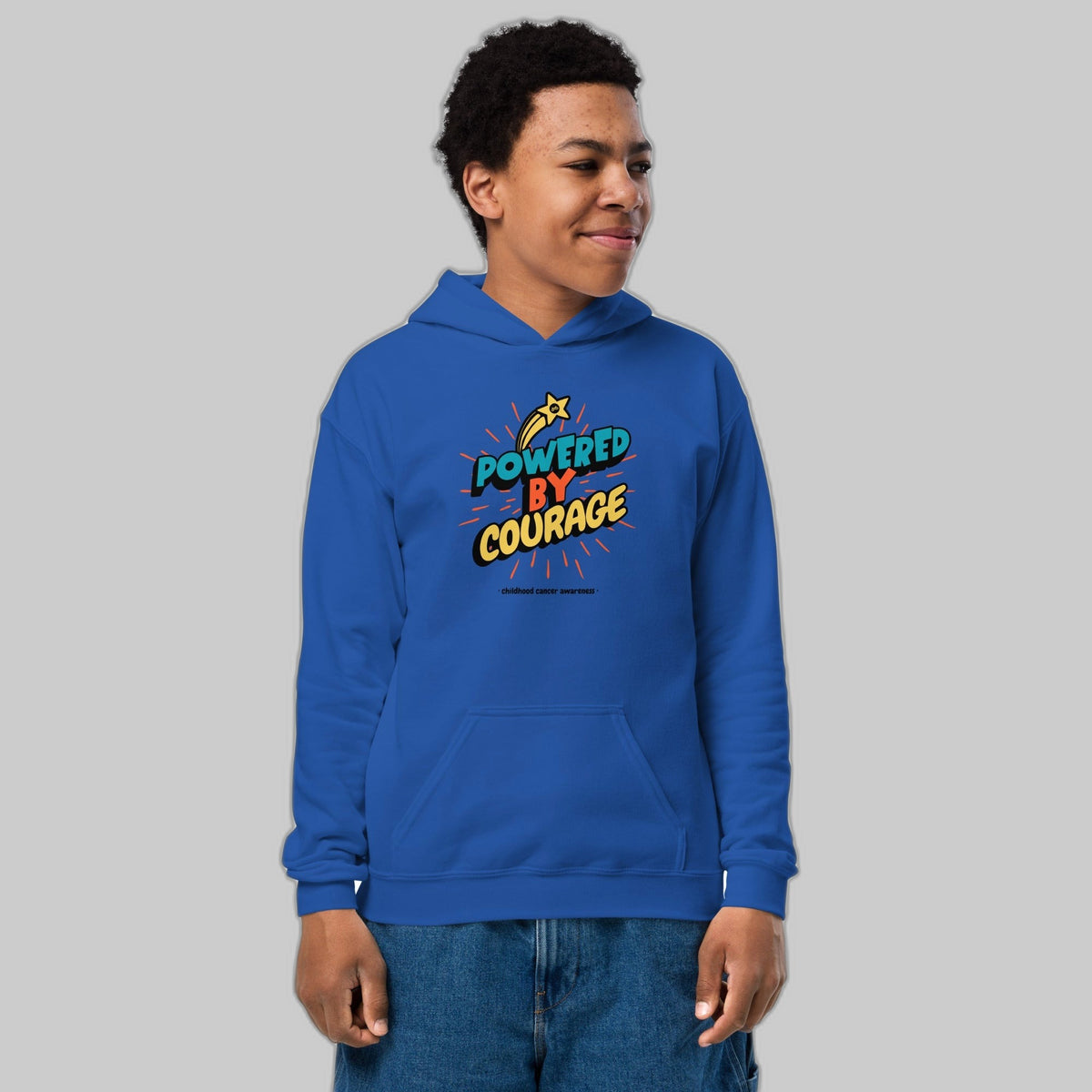 Powered by Courage youth pullover hoodie in Royal, front view, gold shooting-star graphic. Childhood cancer gold ribbon kids apparel from CancerCulture®