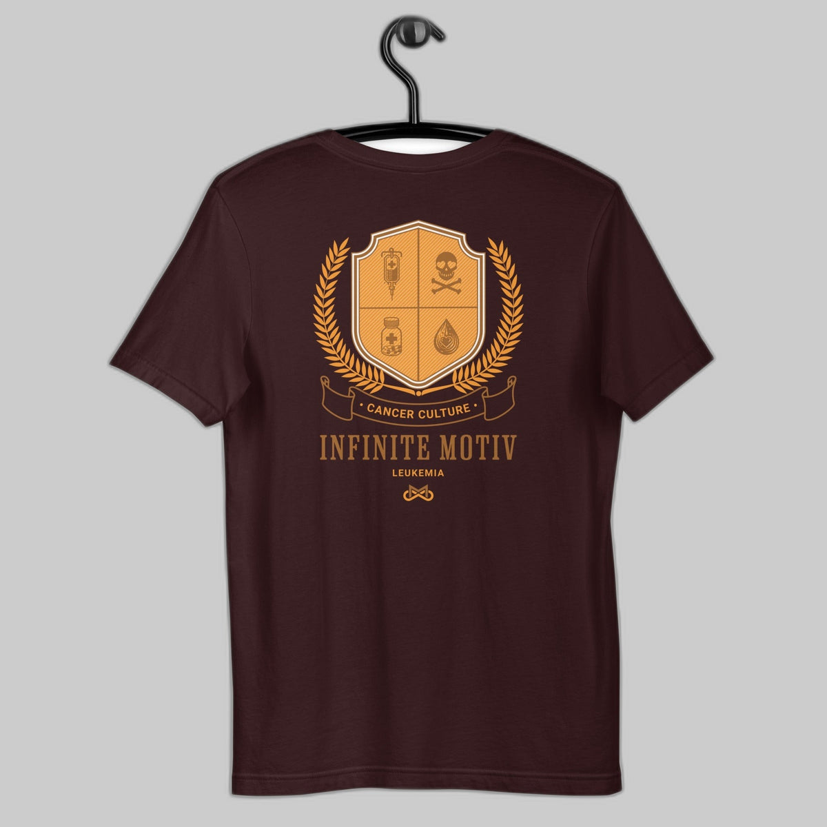 Leukemia t-shirt, Crest embroidered tee, Oxblood Black | CancerCulture® Infinite Motiv®