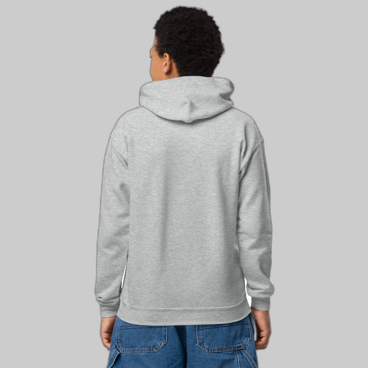 Powered by Courage youth pullover hoodie in Sport Grey, back view (plain back, print is on the front). Childhood cancer gold ribbon kids apparel from CancerCulture®