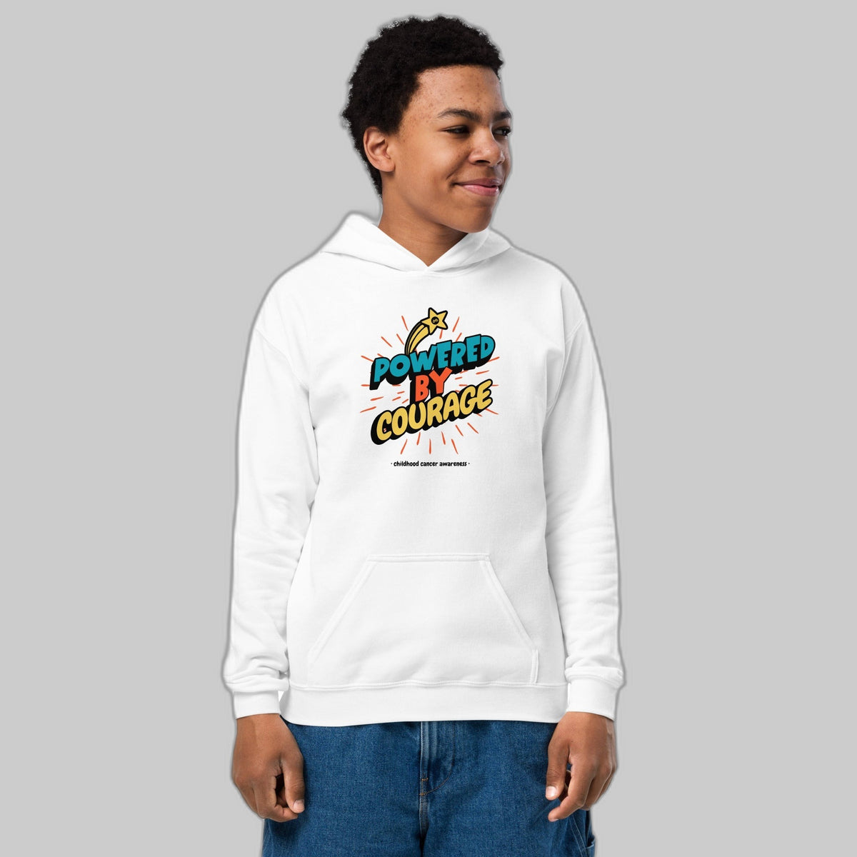 Powered by Courage youth pullover hoodie in White, front view, gold shooting-star graphic. Childhood cancer gold ribbon kids apparel from CancerCulture®