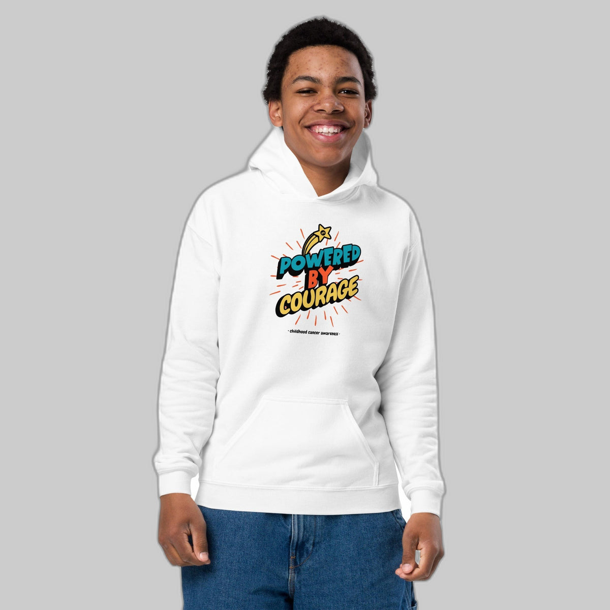 Powered by Courage youth pullover hoodie in White, front view, gold shooting-star graphic. Childhood cancer gold ribbon kids apparel from CancerCulture®
