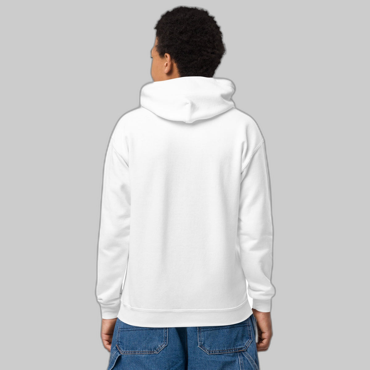 Powered by Courage youth pullover hoodie in White, back view (plain back, print is on the front). Childhood cancer gold ribbon kids apparel from CancerCulture®