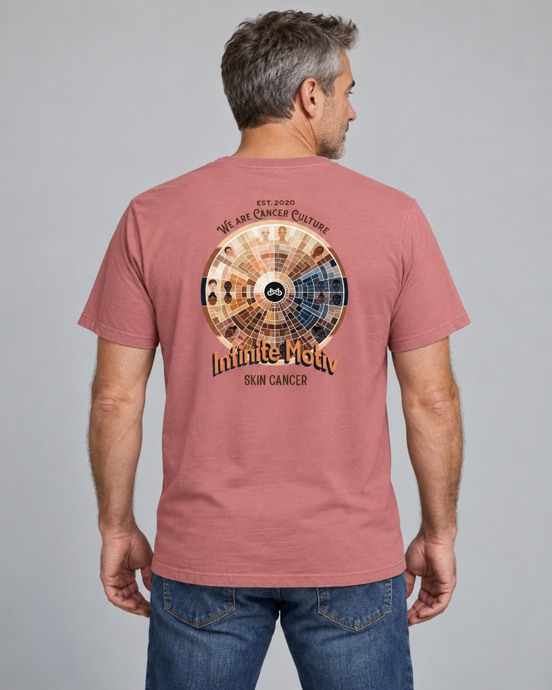 Men's Skin Cancer Wheel t-shirt, Mauve, back view – skin cancer wheel design, CancerCulture®