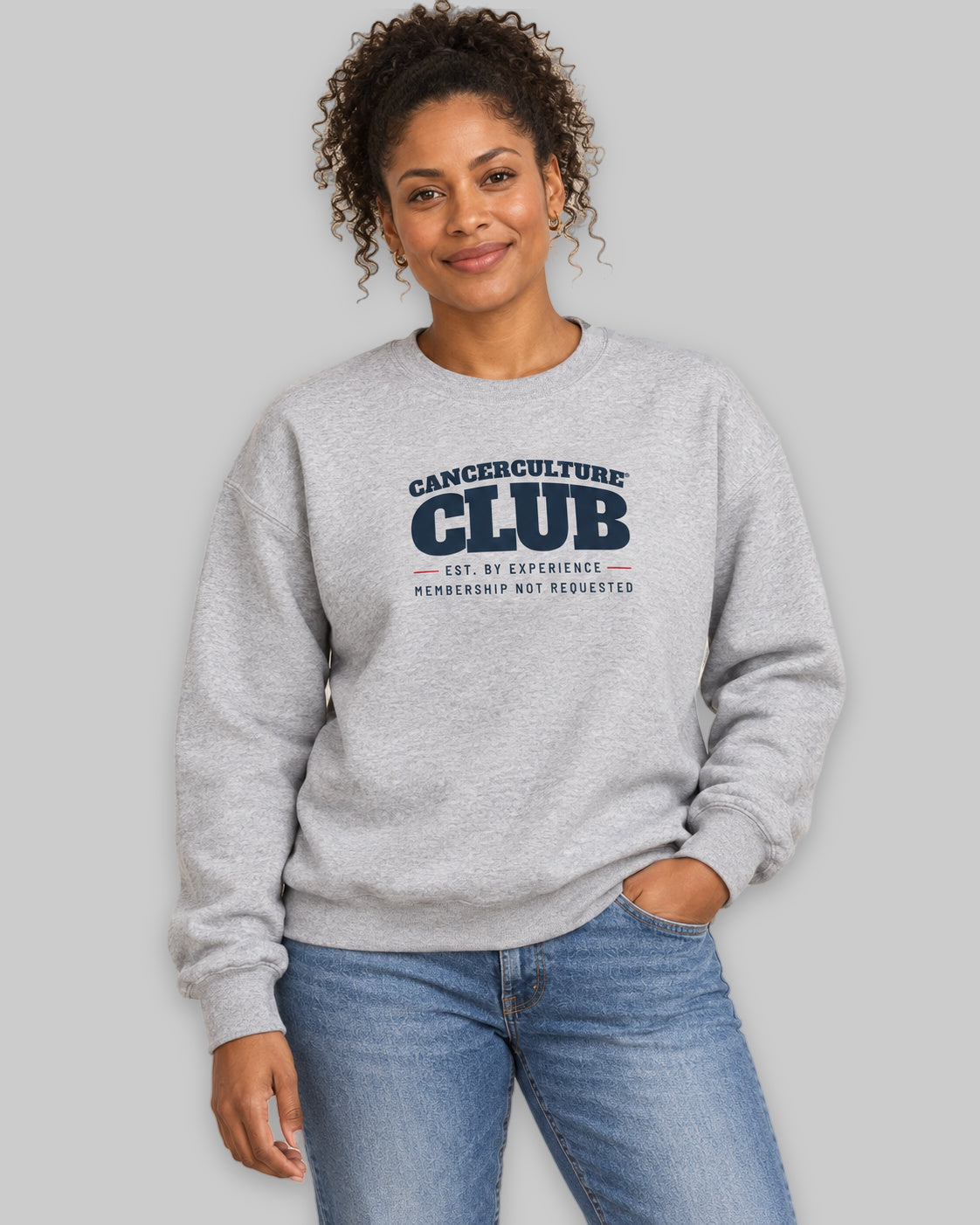 CancerCulture® Club crewneck sweatshirt, black text front print, Sport Grey, front view – cancer survivor gift