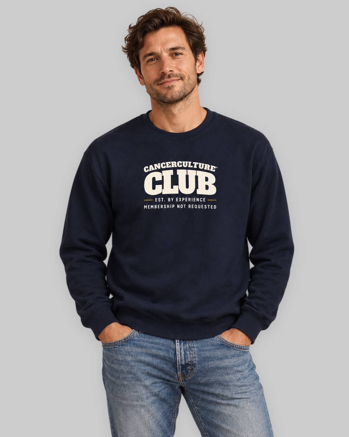 CancerCulture® Club crewneck sweatshirt, white text front print, Navy, front view – cancer survivor gift