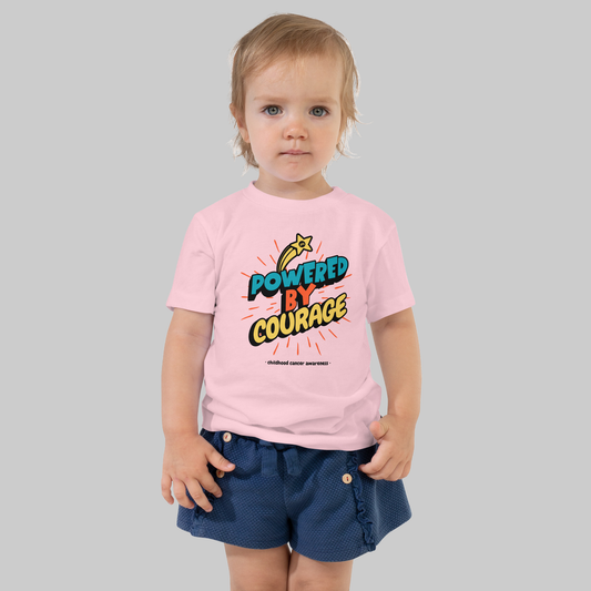 Toddler Courage Tee, Pink, front, Powered by Courage, childhood cancer awareness print, worn by toddler, studio gray background