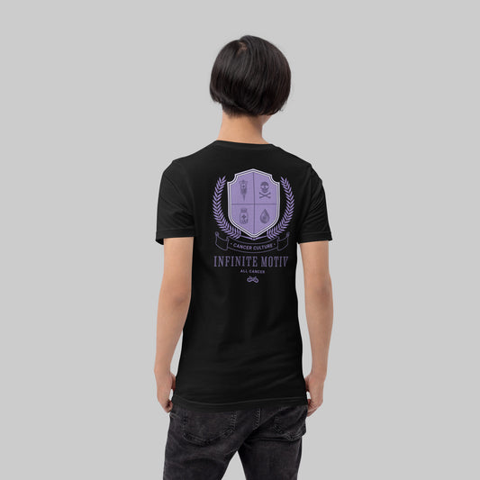 All Cancer Crest black tee, back view on model, INFINITE motiv cancer culture crest design