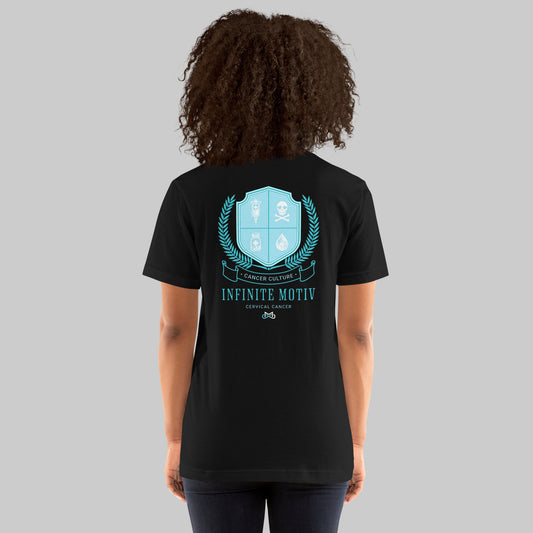 Cervical Cancer Crest black tee, back view on model, INFINITE motiv cancer culture crest design