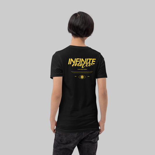 Childhood Cancer Script Motiv black tee, back view on model, INFINITE motiv we are cancer culture design