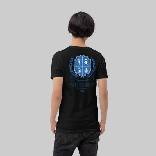 Colon Cancer Crest black tee, back view on model, INFINITE motiv cancer culture crest design