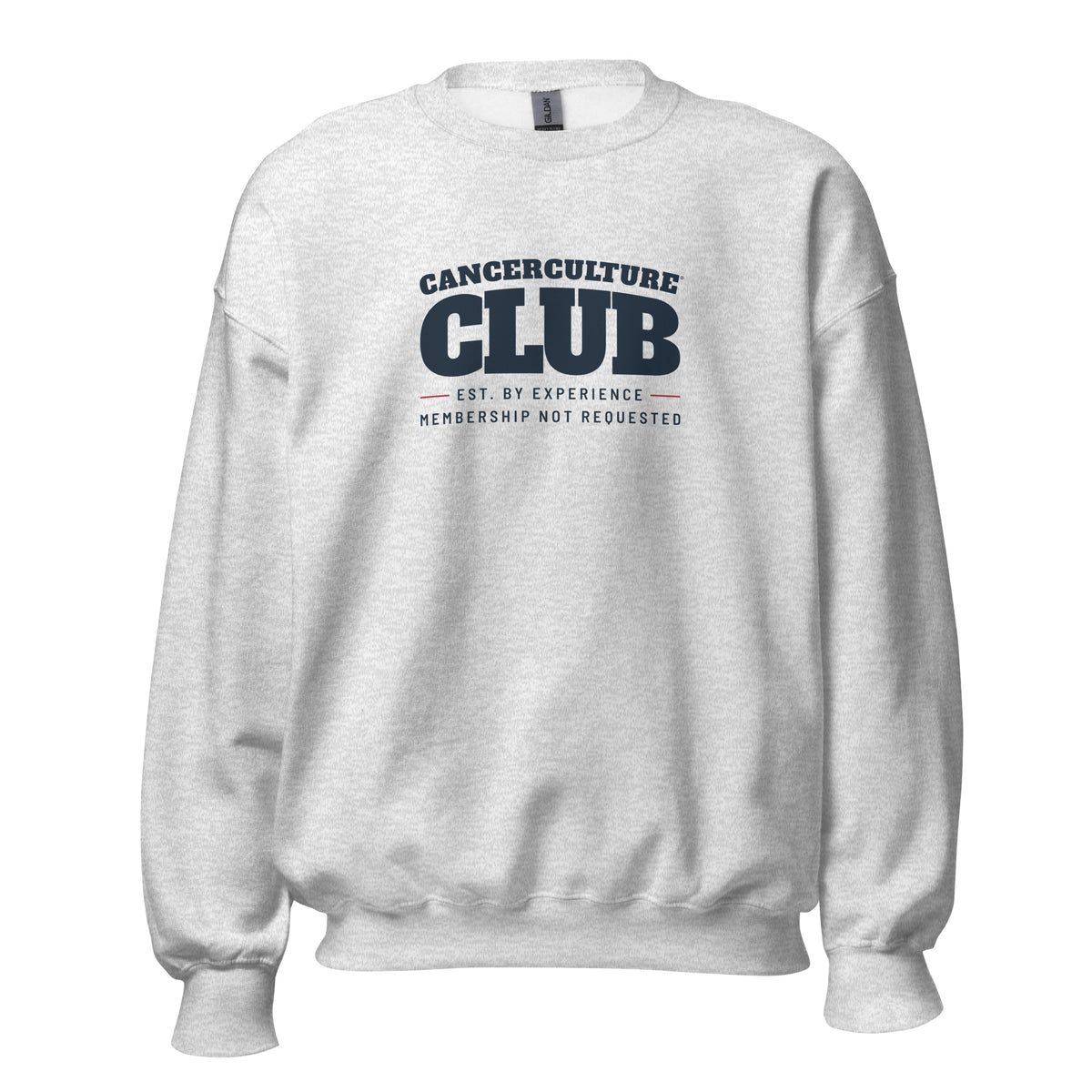 CancerCulture® Club crewneck sweatshirt, black text front print, Ash, front view – cancer survivor gift