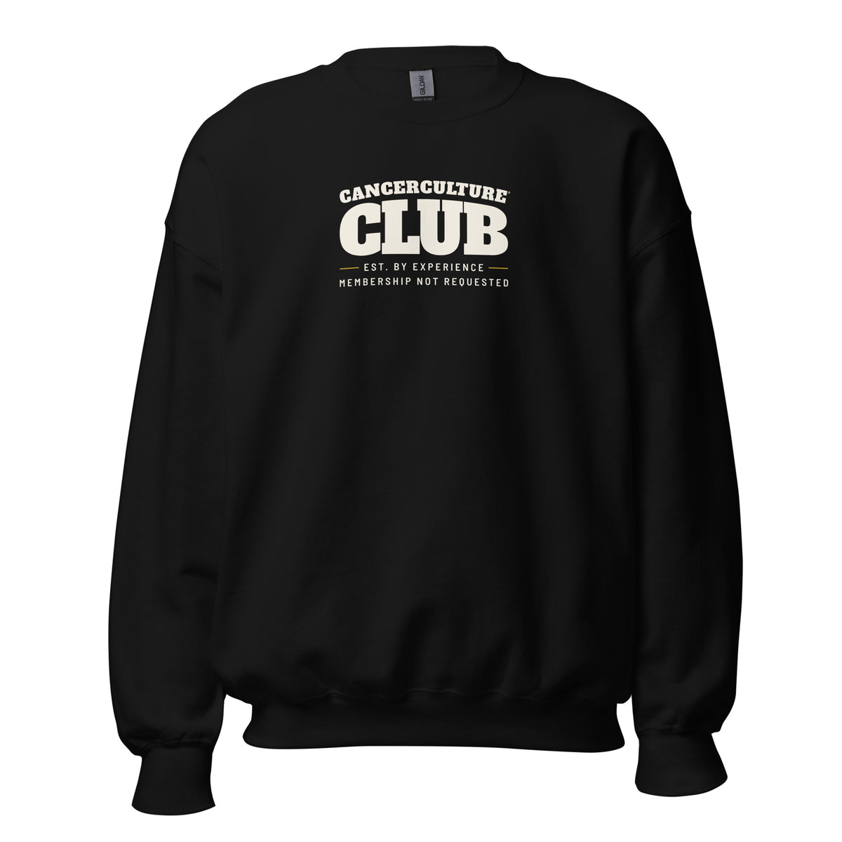 CancerCulture® Club crewneck sweatshirt, white text front print, Black, front view – cancer survivor gift