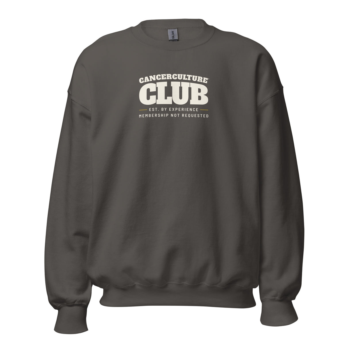 CancerCulture® Club crewneck sweatshirt, white text front print, Charcoal, front view – cancer survivor gift