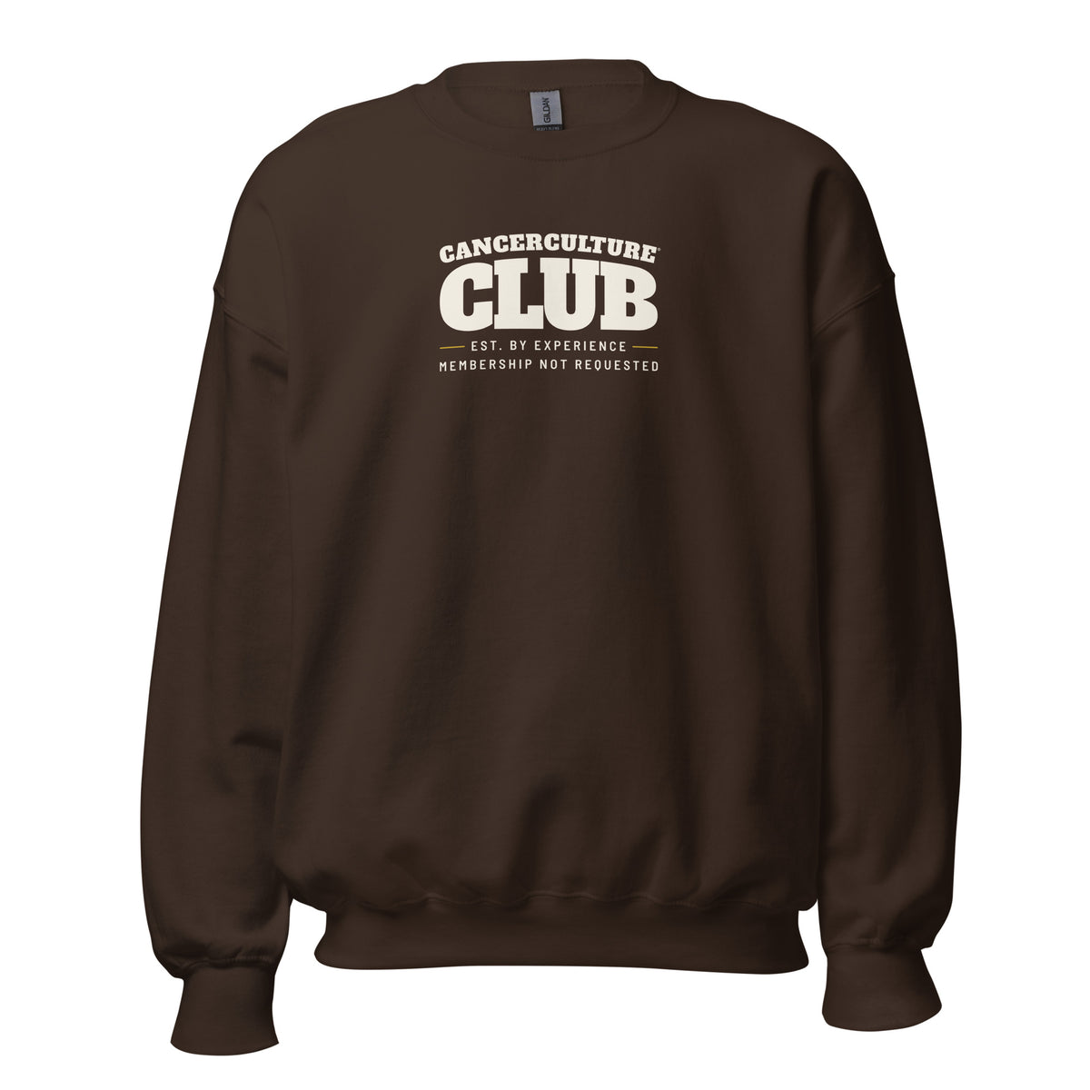 CancerCulture® Club crewneck sweatshirt, white text front print, Dark Chocolate, front view – cancer survivor gift