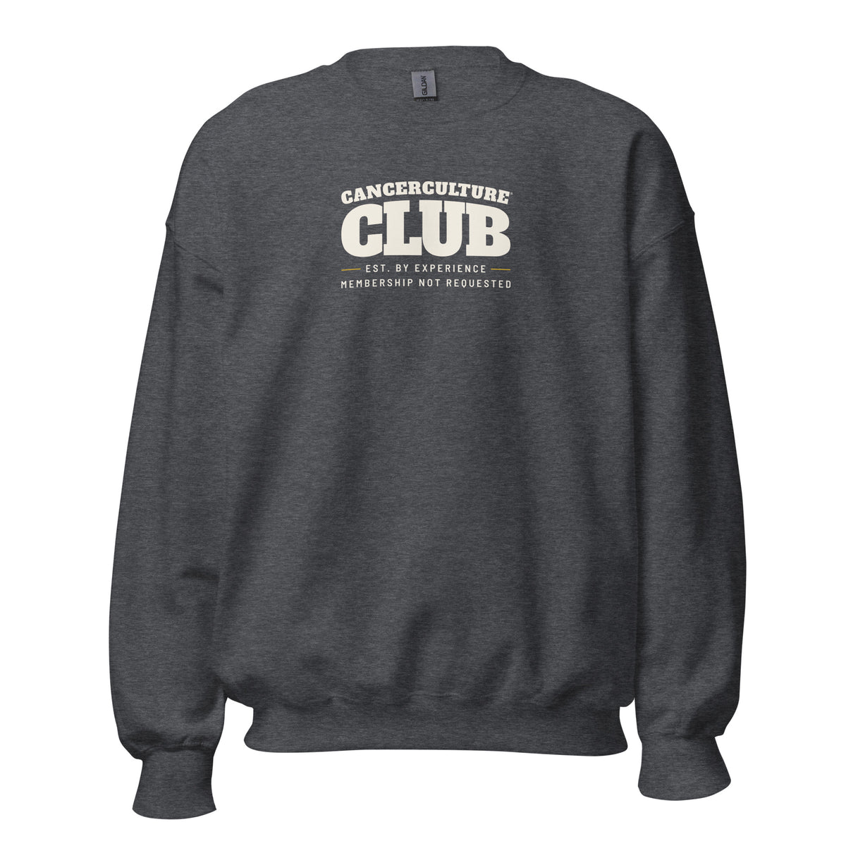 CancerCulture® Club crewneck sweatshirt, white text front print, Dark Heather, front view – cancer survivor gift
