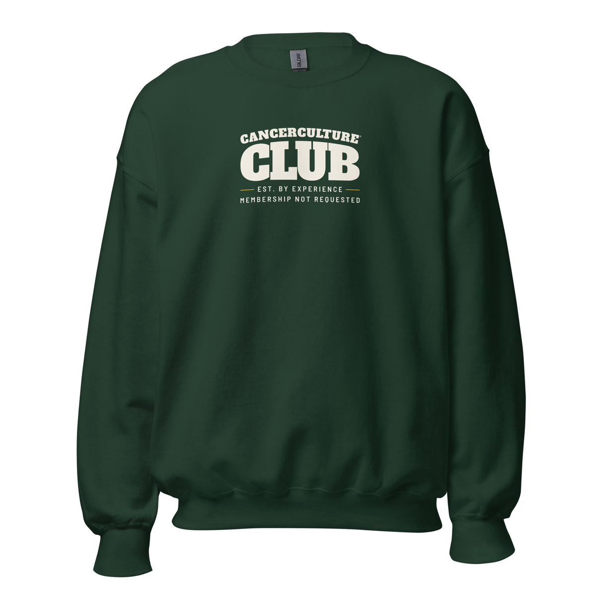 CancerCulture® Club crewneck sweatshirt, white text front print, Forest Green, front view – cancer survivor gift