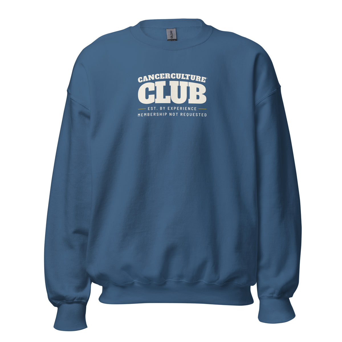 CancerCulture® Club crewneck sweatshirt, white text front print, Indigo Blue, front view – cancer survivor gift