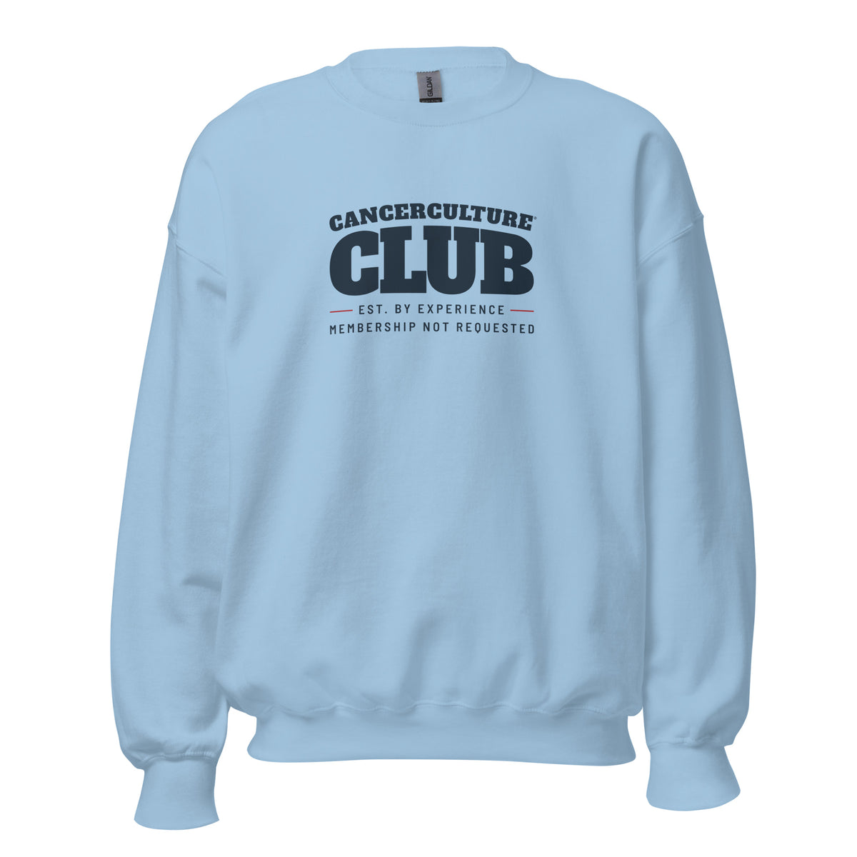 CancerCulture® Club crewneck sweatshirt, black text front print, Light Blue, front view – cancer survivor gift