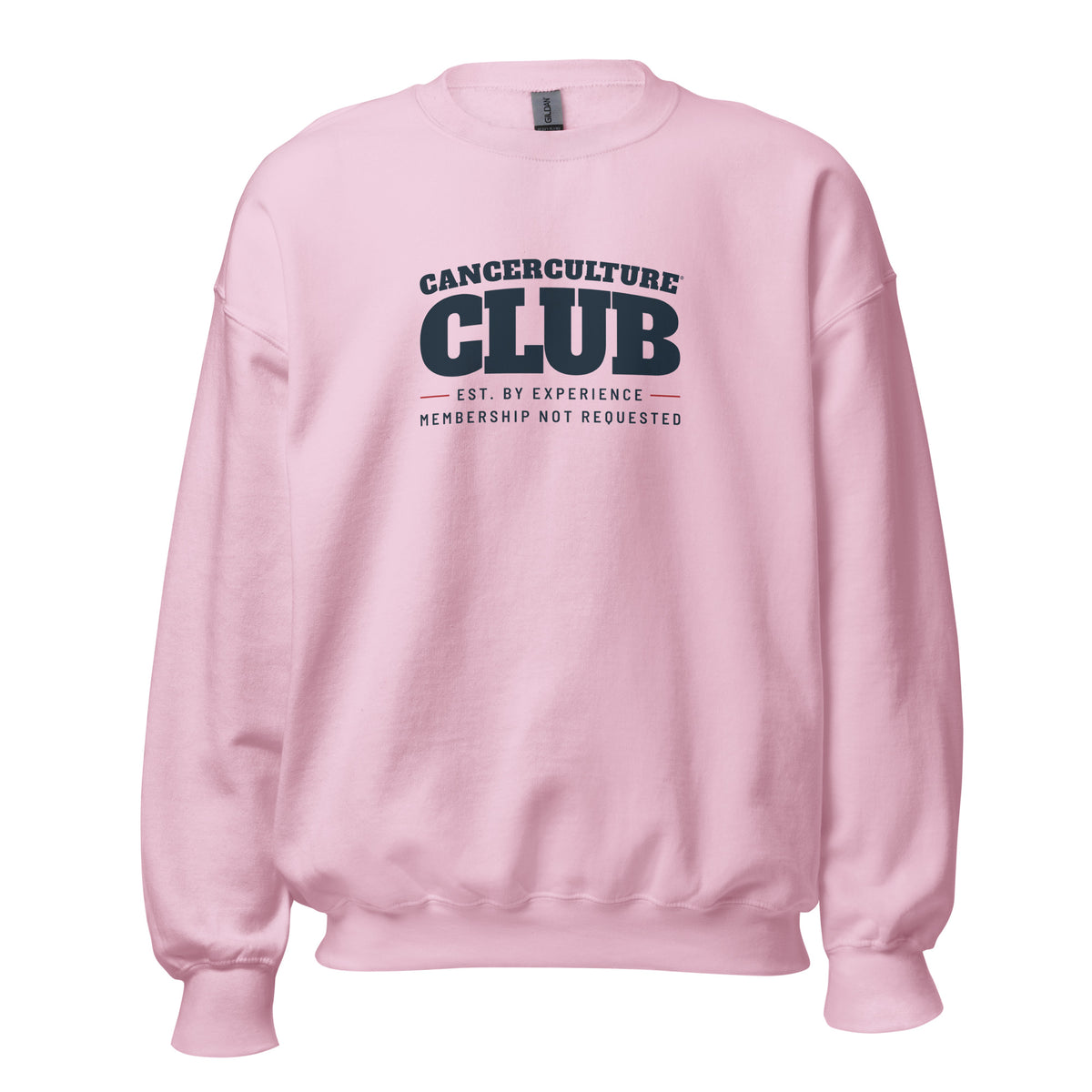 CancerCulture® Club crewneck sweatshirt, black text front print, Light Pink, front view – cancer survivor gift