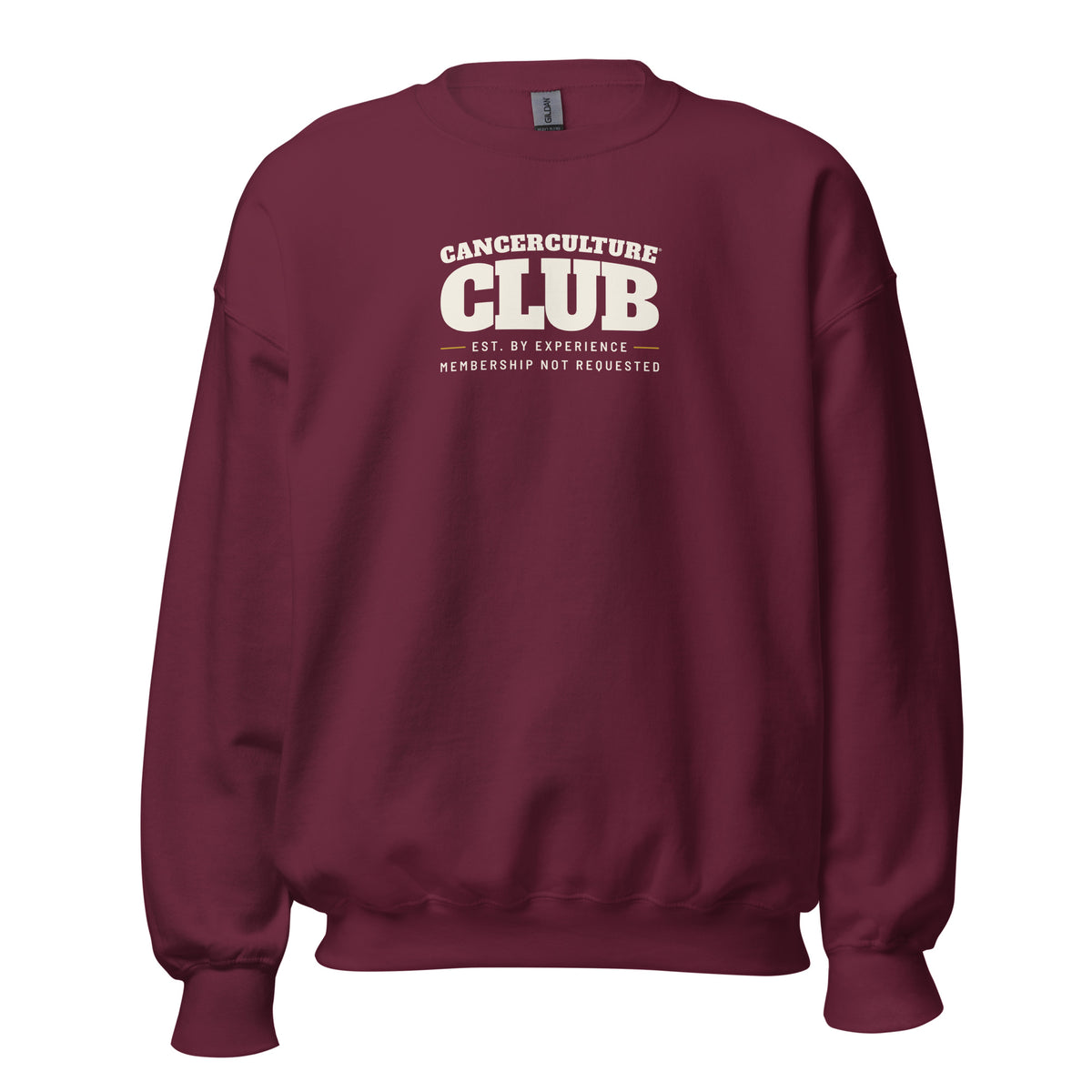 CancerCulture® Club crewneck sweatshirt, white text front print, Maroon, front view – cancer survivor gift