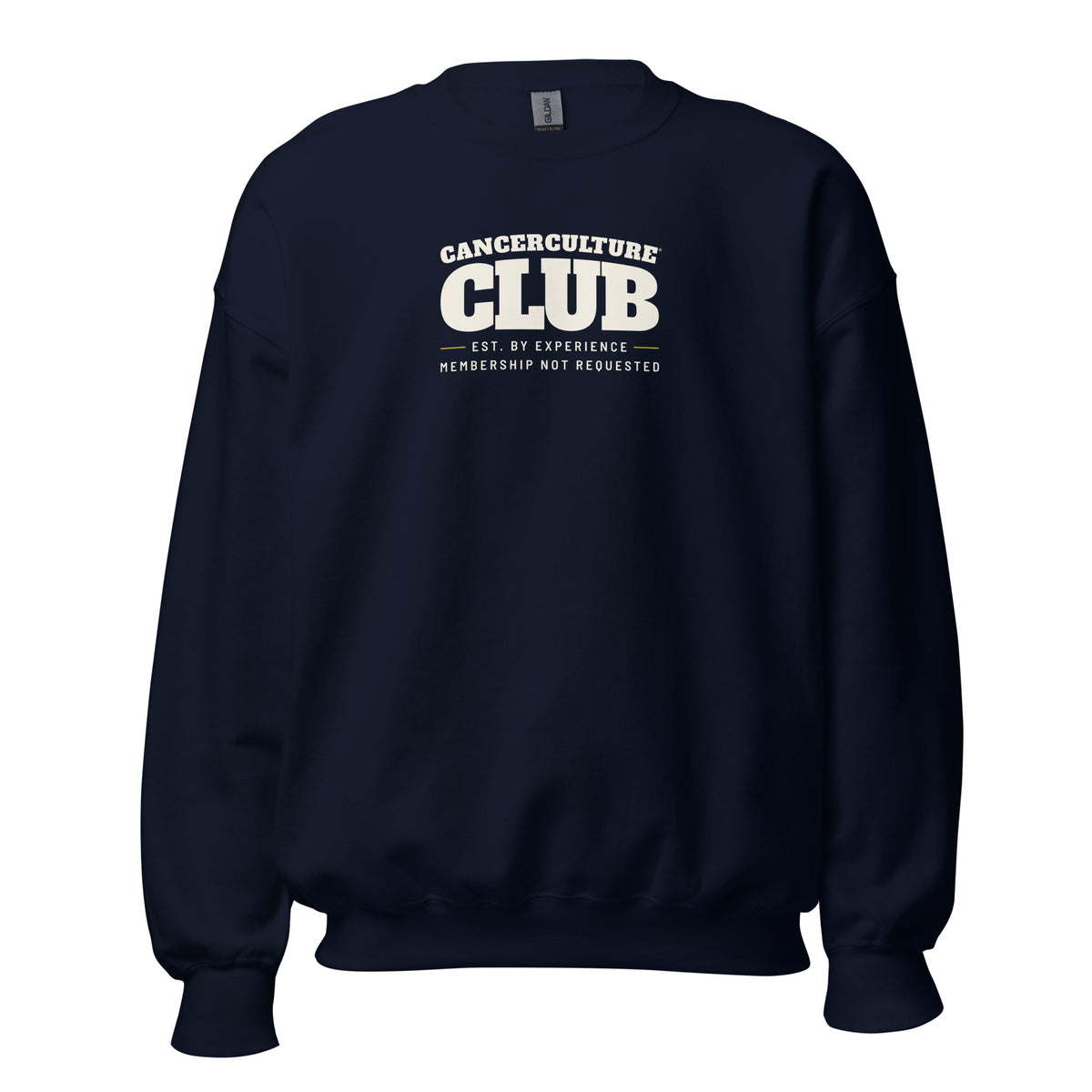 CancerCulture® Club crewneck sweatshirt, white text front print, Navy, front view – cancer survivor gift