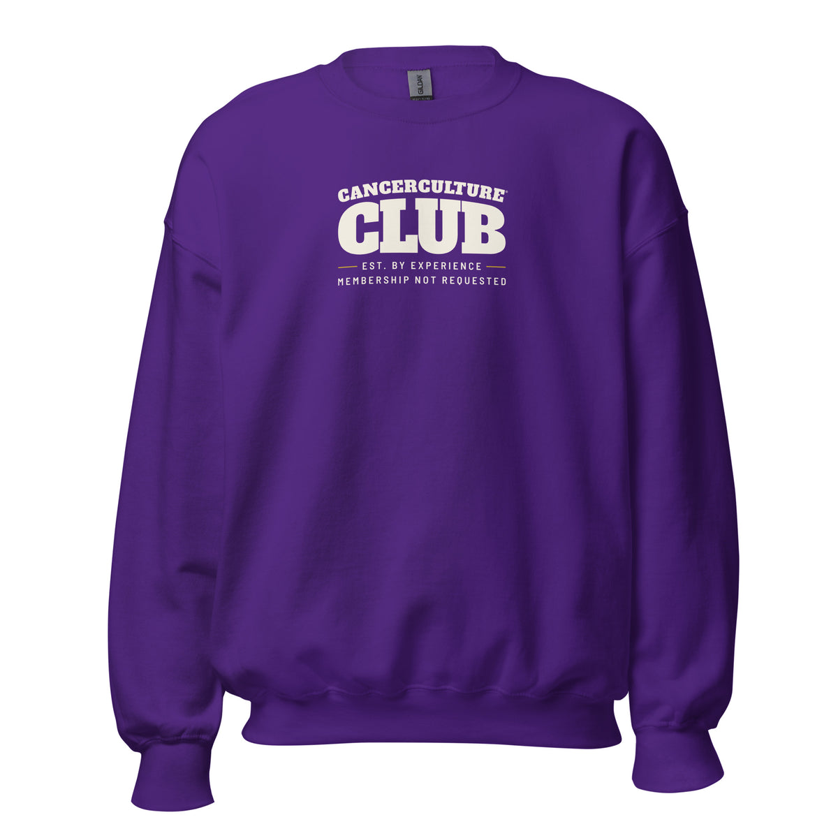 CancerCulture® Club crewneck sweatshirt, white text front print, Purple, front view – cancer survivor gift
