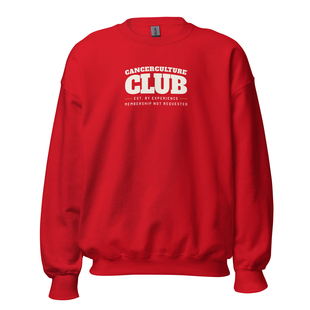 CancerCulture® Club crewneck sweatshirt, white text front print, Red, front view – cancer survivor gift