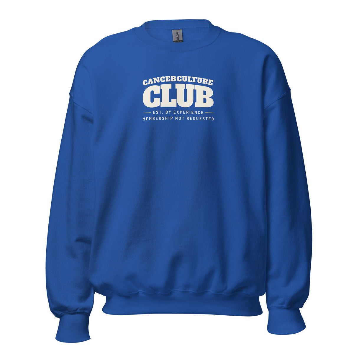 CancerCulture® Club crewneck sweatshirt, white text front print, Royal, front view – cancer survivor gift