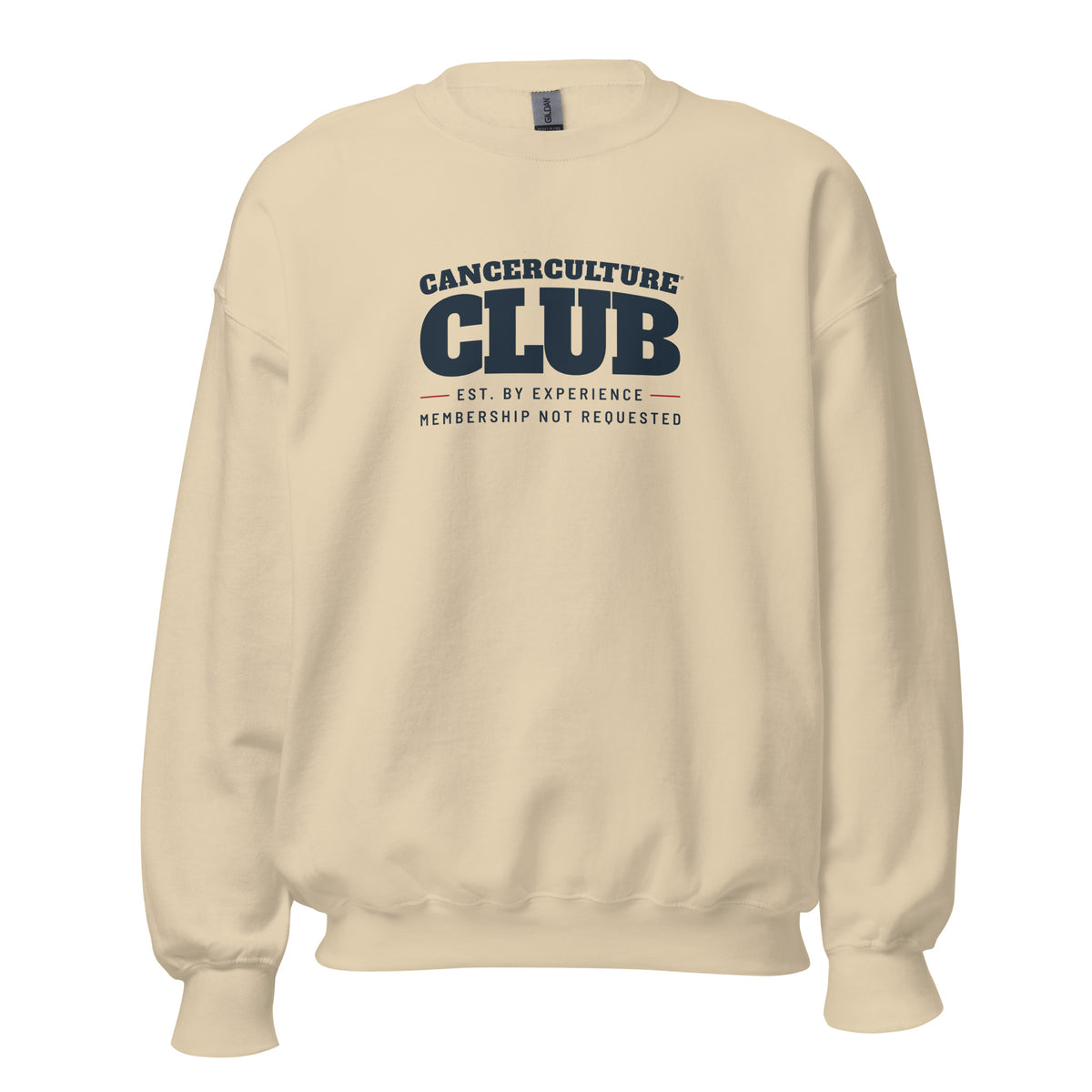 CancerCulture® Club crewneck sweatshirt, black text front print, Sand, front view – cancer survivor gift