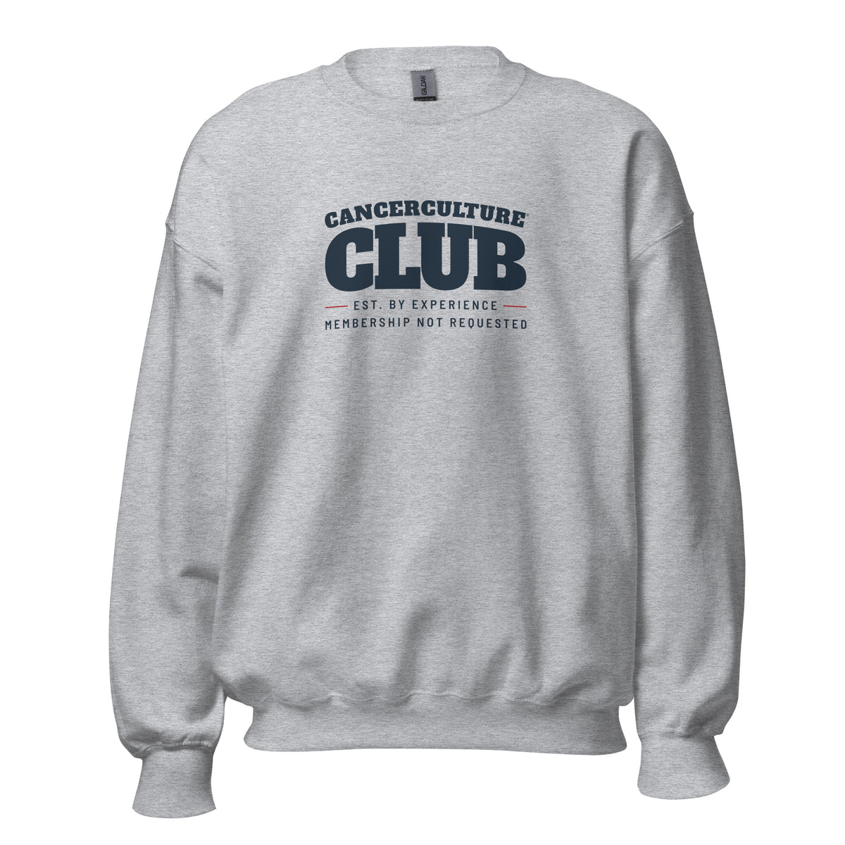 CancerCulture® Club crewneck sweatshirt, black text front print, Sport Grey, front view – cancer survivor gift