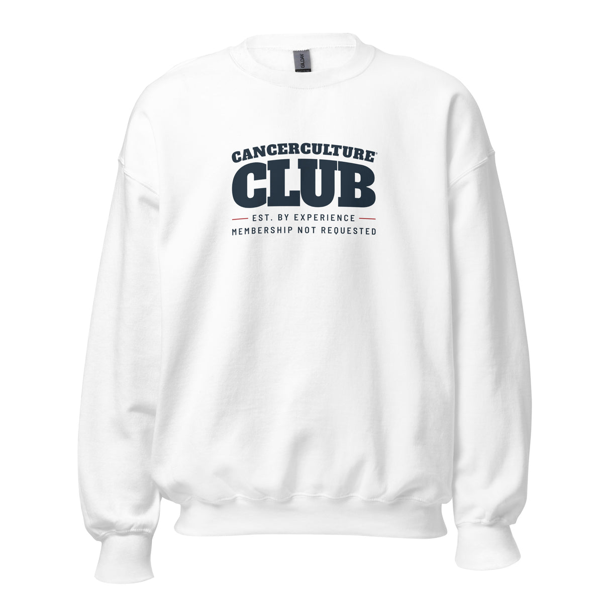 CancerCulture® Club crewneck sweatshirt, black text front print, White, front view – cancer survivor gift