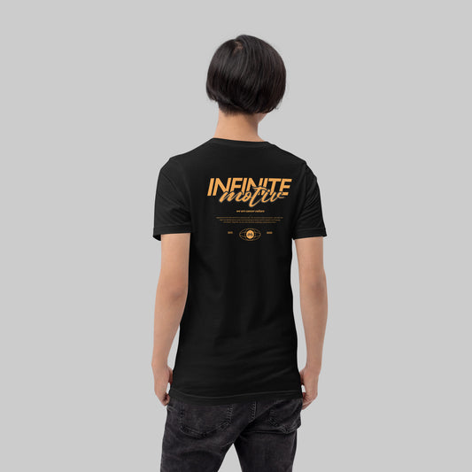Leukemia Script Motiv black tee, back view on model, INFINITE motiv we are cancer culture design
