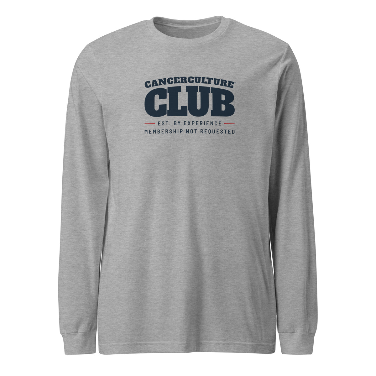 CancerCulture® Club long sleeve, black text front print, Athletic Heather, front view – cancer survivor gift